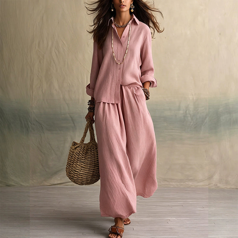 Women's Long Sleeve Shirt & Wide-Leg Pants Set
