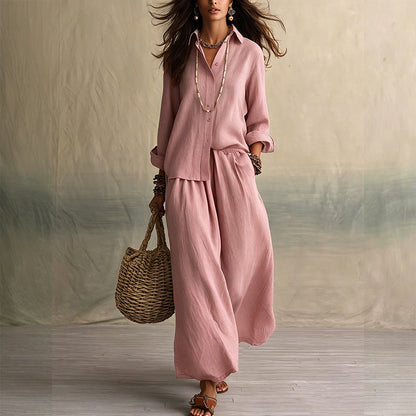 Women's Long Sleeve Shirt & Wide-Leg Pants Set