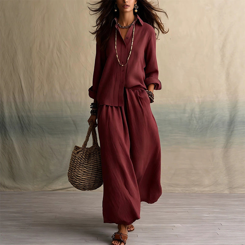 Women's Long Sleeve Shirt & Wide-Leg Pants Set