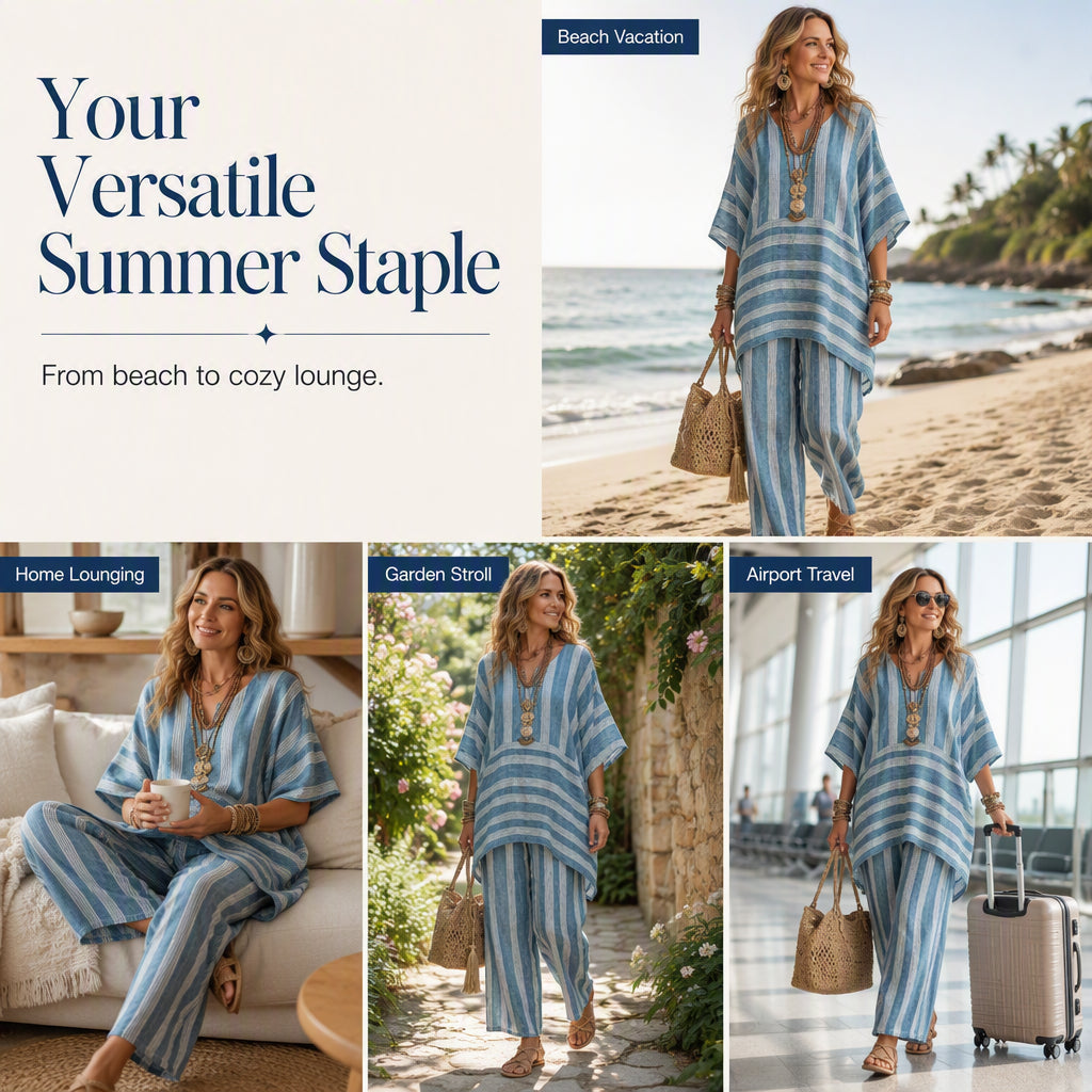 ⌛Limited-Time Offer-Women's Loose V-Neck Striped 2-Piece Casual Set