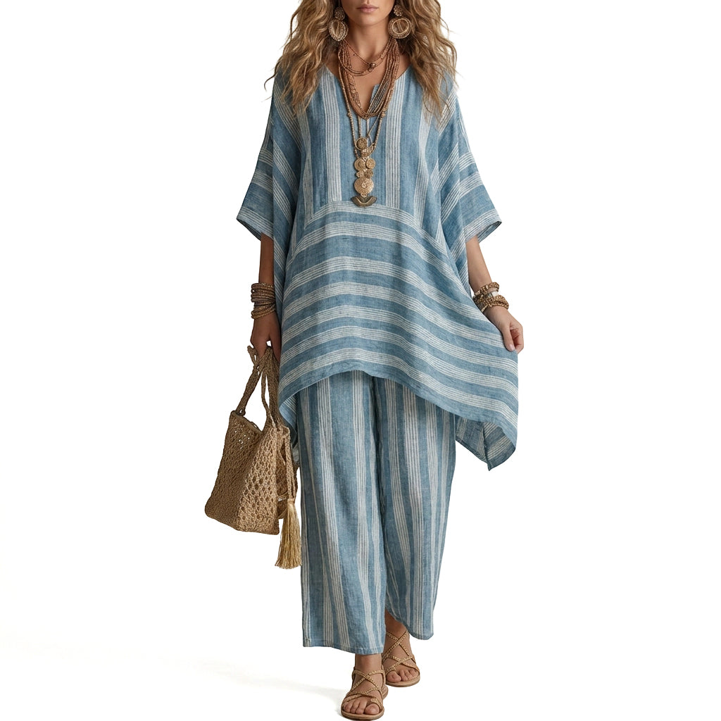⌛Limited-Time Offer-Women's Loose V-Neck Striped 2-Piece Casual Set