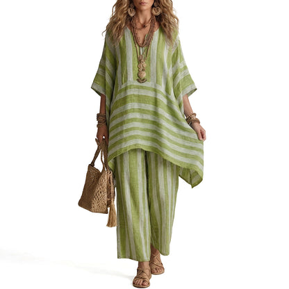 ⌛Limited-Time Offer-Women's Loose V-Neck Striped 2-Piece Casual Set