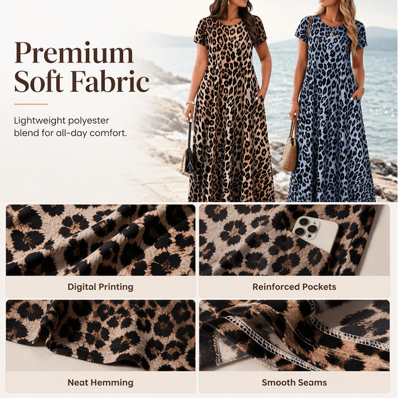 ⏳🔥LIMITED-TIME 50% OFF! ⏰Women's Leopard Print Maxi Dress with Pockets Casual Short Sleeve Long Dress