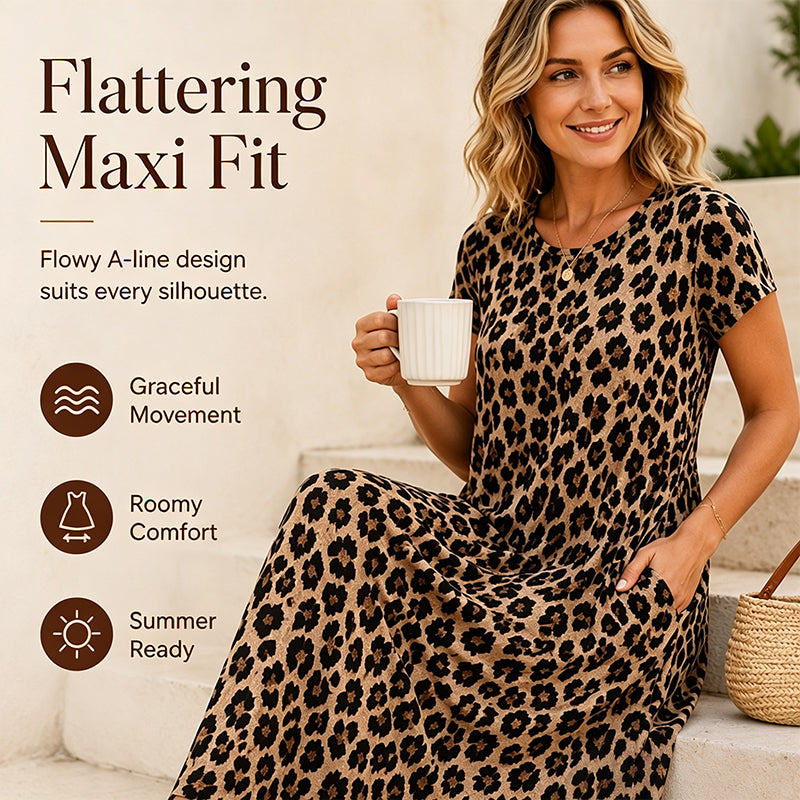 ⏳🔥LIMITED-TIME 50% OFF! ⏰Women's Leopard Print Maxi Dress with Pockets Casual Short Sleeve Long Dress