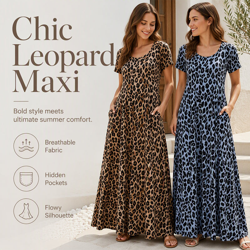 ⏳🔥LIMITED-TIME 50% OFF! ⏰Women's Leopard Print Maxi Dress with Pockets Casual Short Sleeve Long Dress