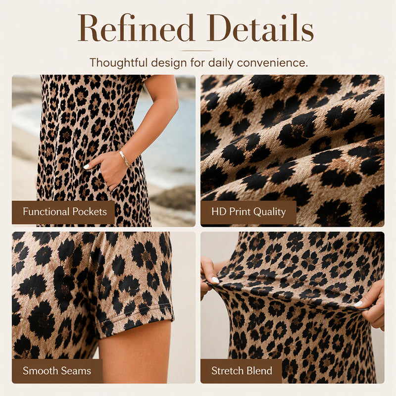⏳🔥LIMITED-TIME 50% OFF! ⏰Women's Leopard Print Maxi Dress with Pockets Casual Short Sleeve Long Dress