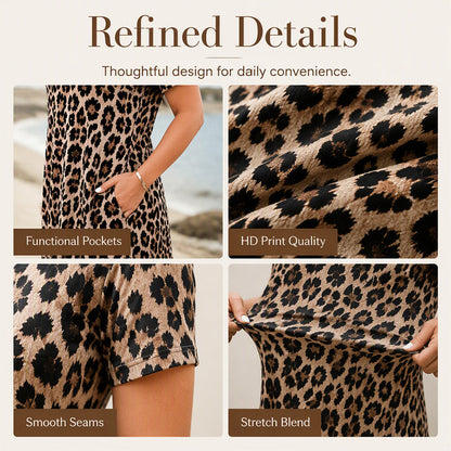 ⏳🔥LIMITED-TIME 50% OFF! ⏰Women's Leopard Print Maxi Dress with Pockets Casual Short Sleeve Long Dress