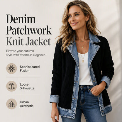 Women’s Elegant Denim Spliced Ribbed Knit Coat