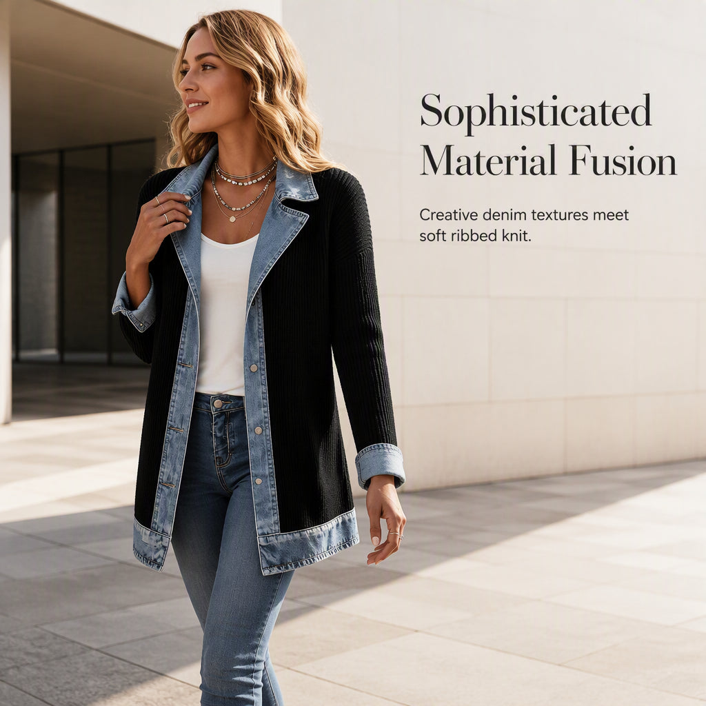 Women’s Elegant Denim Spliced Ribbed Knit Coat