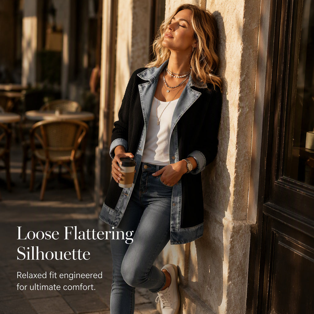 Women’s Elegant Denim Spliced Ribbed Knit Coat