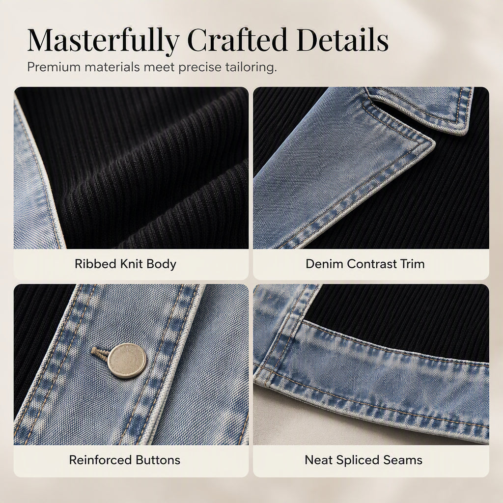 Women’s Elegant Denim Spliced Ribbed Knit Coat