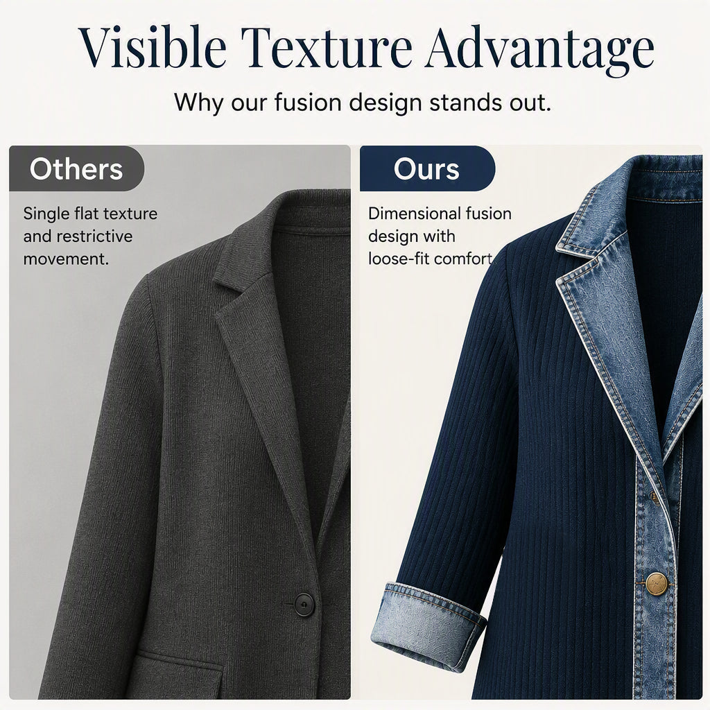 Women’s Elegant Denim Spliced Ribbed Knit Coat