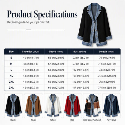 Women’s Elegant Denim Spliced Ribbed Knit Coat
