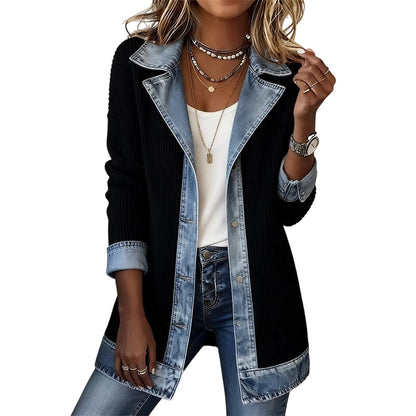 Women’s Elegant Denim Spliced Ribbed Knit Coat