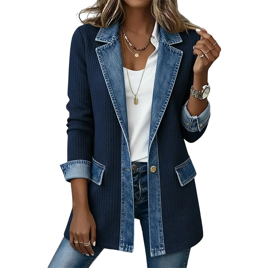Women’s Elegant Denim Spliced Ribbed Knit Coat
