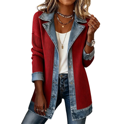 Women’s Elegant Denim Spliced Ribbed Knit Coat