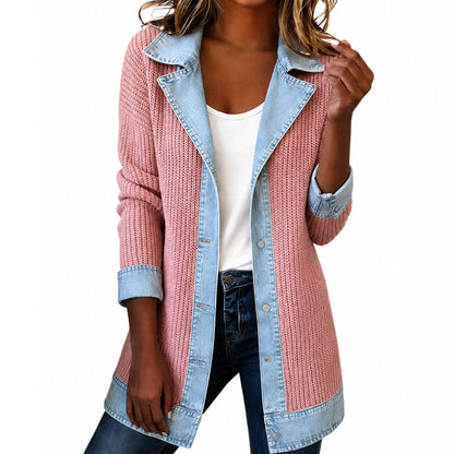 Women’s Elegant Denim Spliced Ribbed Knit Coat