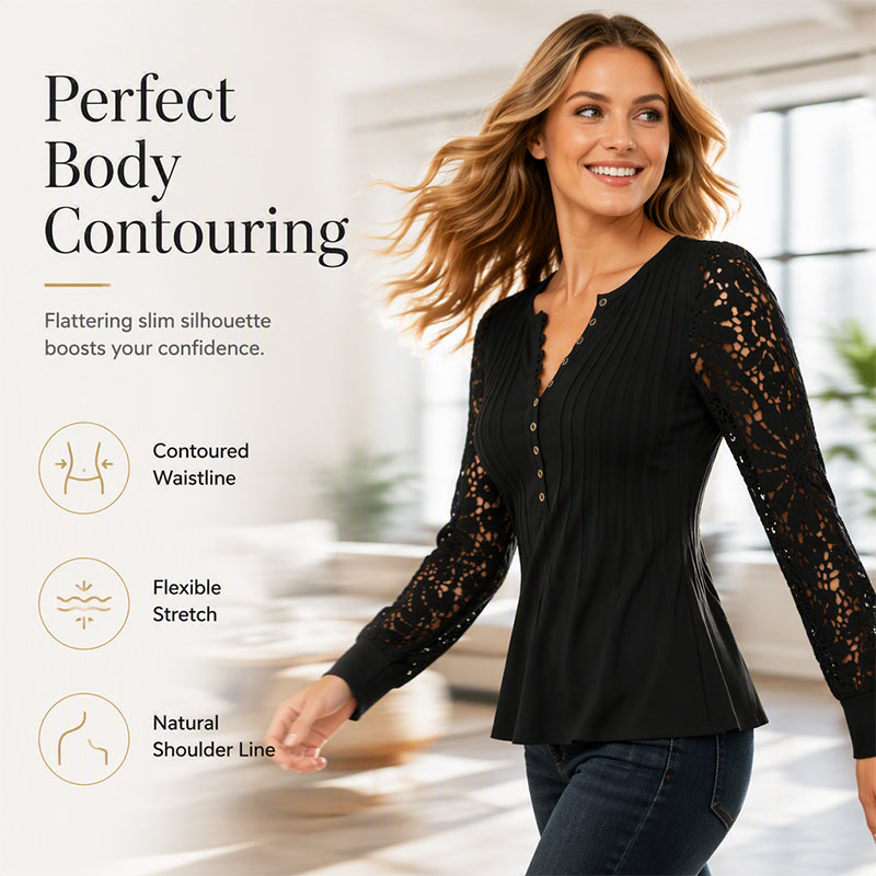 Women's Casual Lace Long-Sleeved V-Neck Top