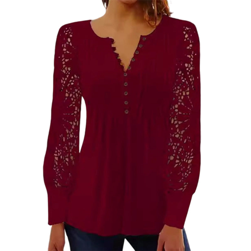 Women's Casual Lace Long-Sleeved V-Neck Top
