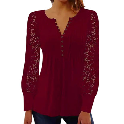 Women's Casual Lace Long-Sleeved V-Neck Top
