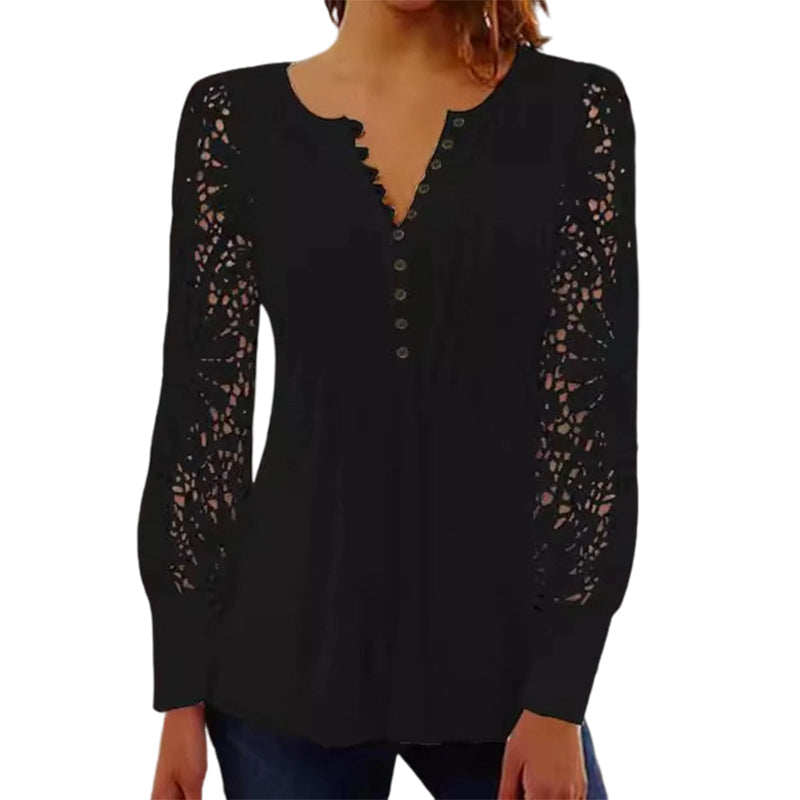 Women's Casual Lace Long-Sleeved V-Neck Top