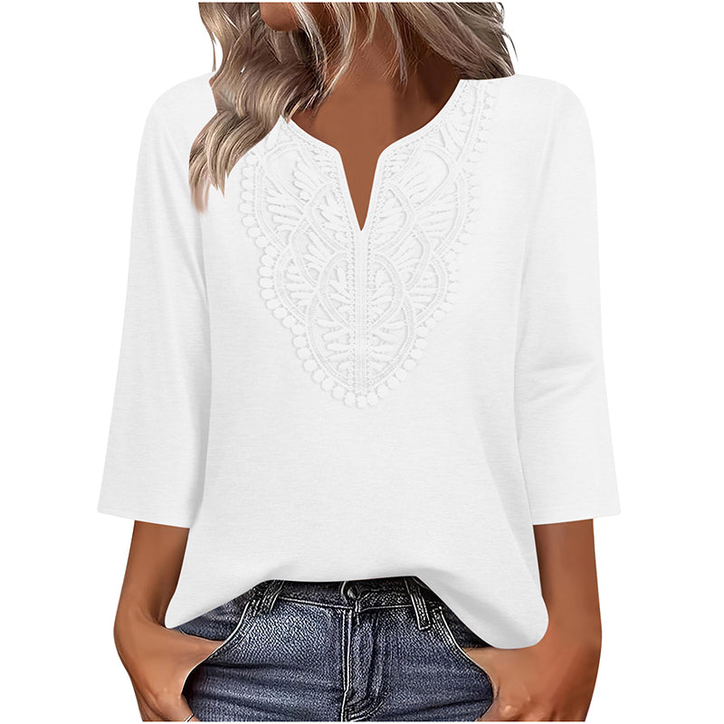 ☀️👚Top Pick - Lace-Trim V-Neck Blouse – Breathable Fabric & Flattering Drape for Work or Weekend 🌿