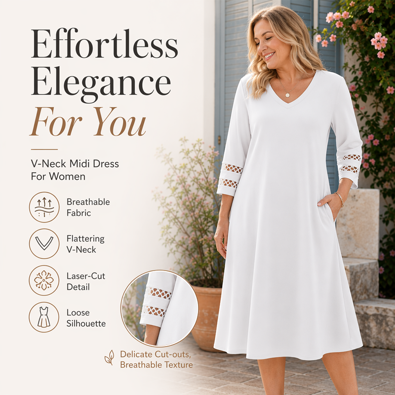 ☀️👗Top Pick - V-Neck Midi Dress – Relaxed Fit & Soft Drape for Any Occasion