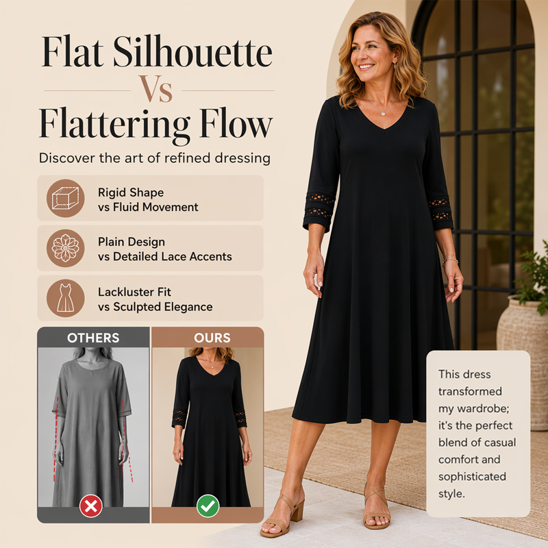 ☀️👗Top Pick - V-Neck Midi Dress – Relaxed Fit & Soft Drape for Any Occasion