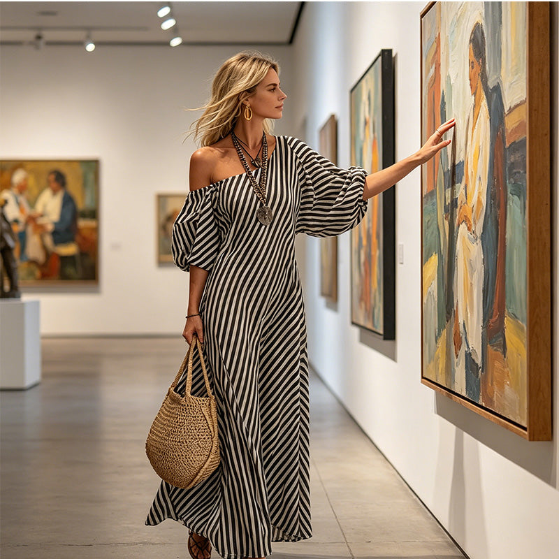 ✨New Arrivals & Special Offers-Women's One-Shoulder Striped Maxi Dress