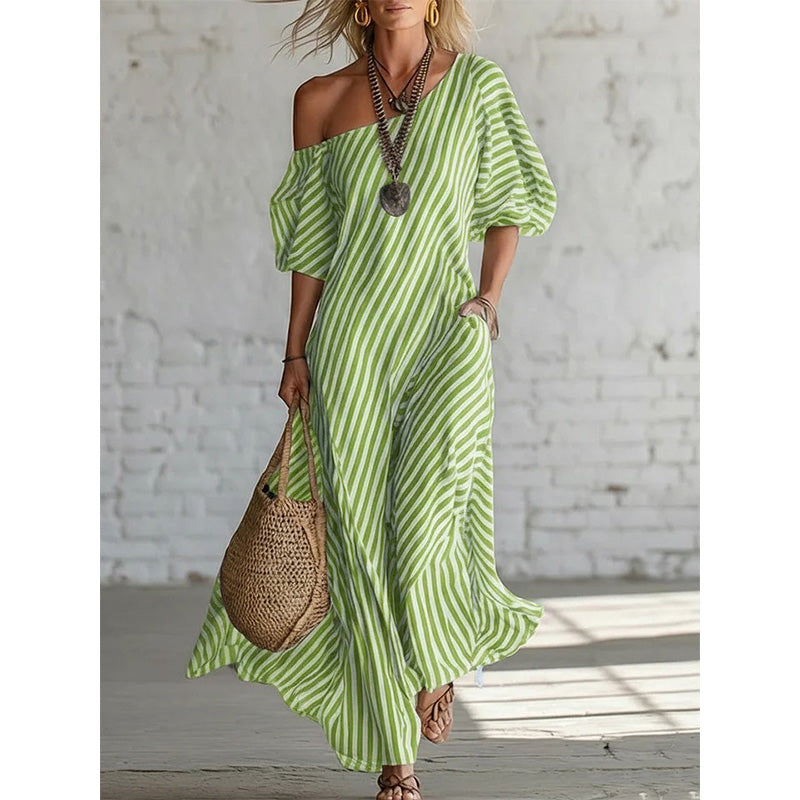 ✨New Arrivals & Special Offers-Women's One-Shoulder Striped Maxi Dress