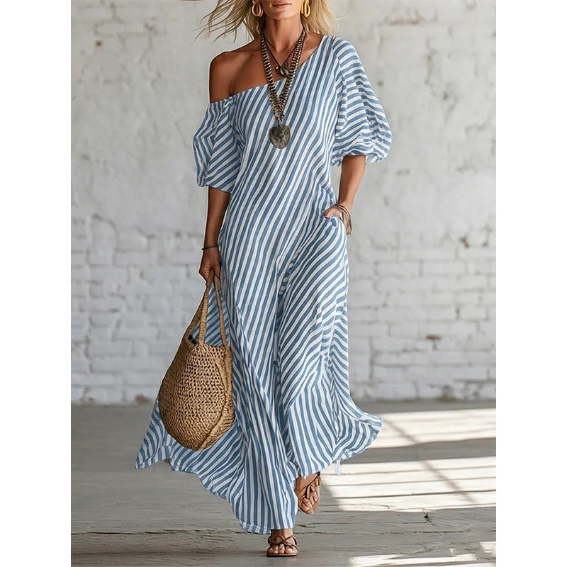 ✨New Arrivals & Special Offers-Women's One-Shoulder Striped Maxi Dress