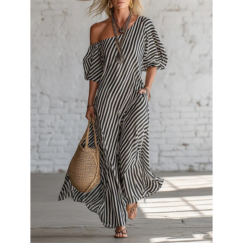 ✨New Arrivals & Special Offers-Women's One-Shoulder Striped Maxi Dress