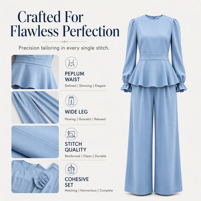 Women's Elegant Puff Sleeve Top & Wide-Leg Pants Set