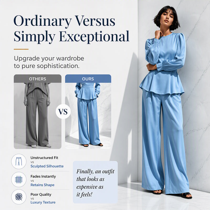 Women's Elegant Puff Sleeve Top & Wide-Leg Pants Set