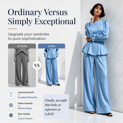 Women's Elegant Puff Sleeve Top & Wide-Leg Pants Set