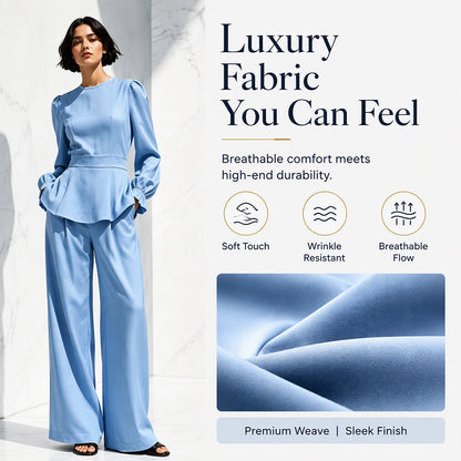 Women's Elegant Puff Sleeve Top & Wide-Leg Pants Set