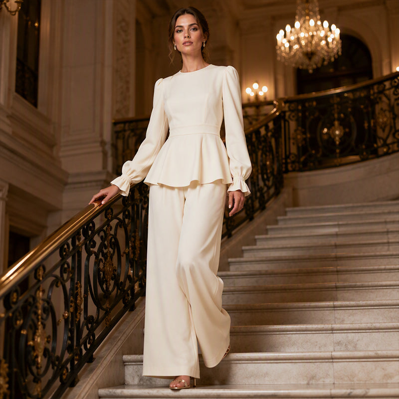 Women's Elegant Puff Sleeve Top & Wide-Leg Pants Set