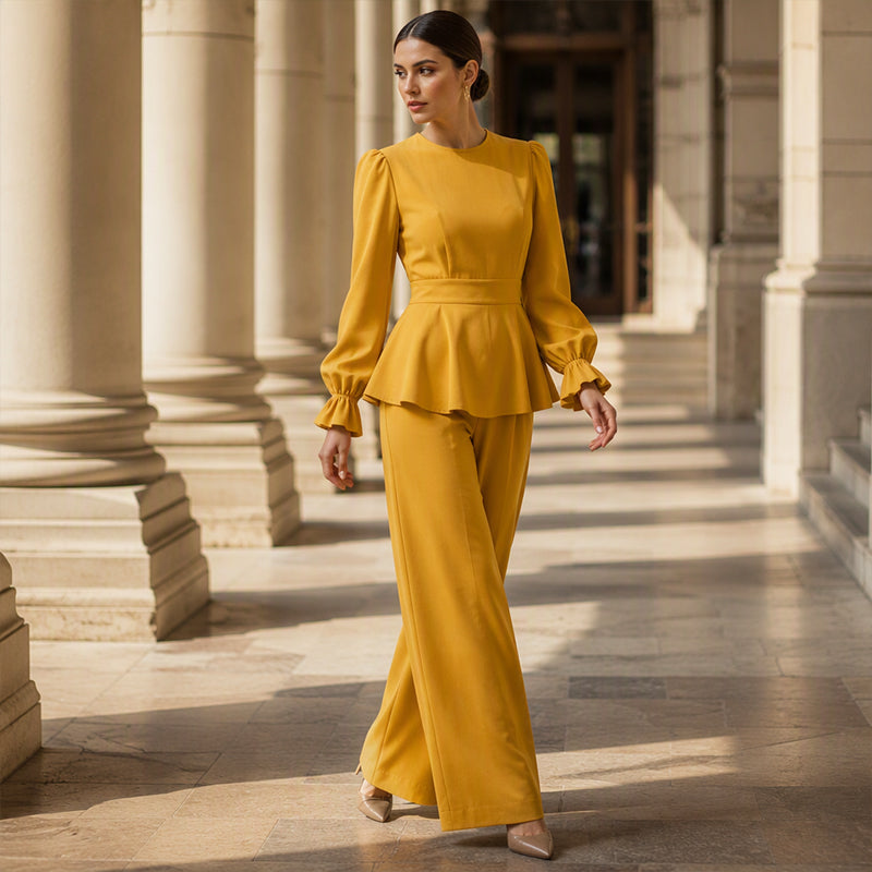 Women's Elegant Puff Sleeve Top & Wide-Leg Pants Set