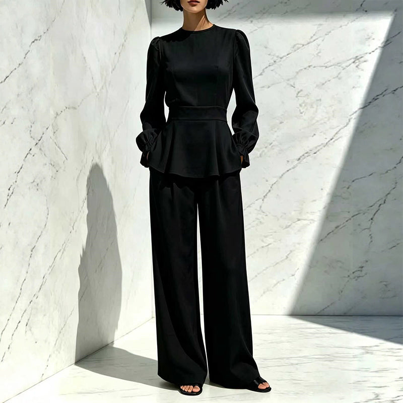 Women's Elegant Puff Sleeve Top & Wide-Leg Pants Set