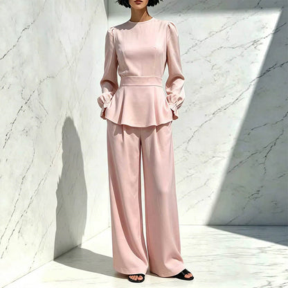 Women's Elegant Puff Sleeve Top & Wide-Leg Pants Set