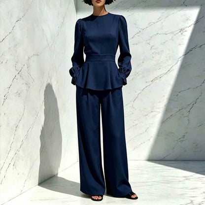 Women's Elegant Puff Sleeve Top & Wide-Leg Pants Set
