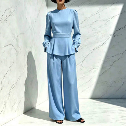 Women's Elegant Puff Sleeve Top & Wide-Leg Pants Set