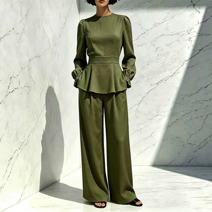 Women's Elegant Puff Sleeve Top & Wide-Leg Pants Set