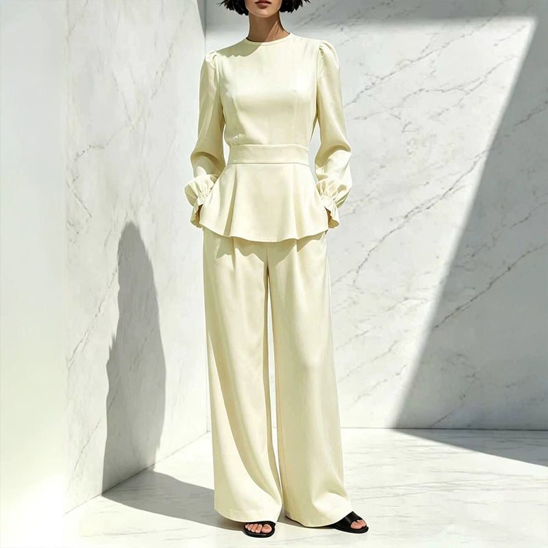 Women's Elegant Puff Sleeve Top & Wide-Leg Pants Set