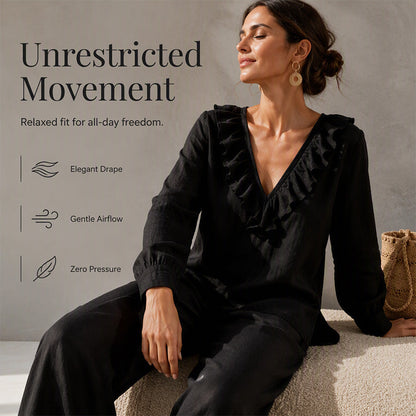 ⌛Limited-Time Discount-Women's Resort Style V-Neck 2-Piece Outfit Loose Long Sleeve Top Wide Leg Pants Set