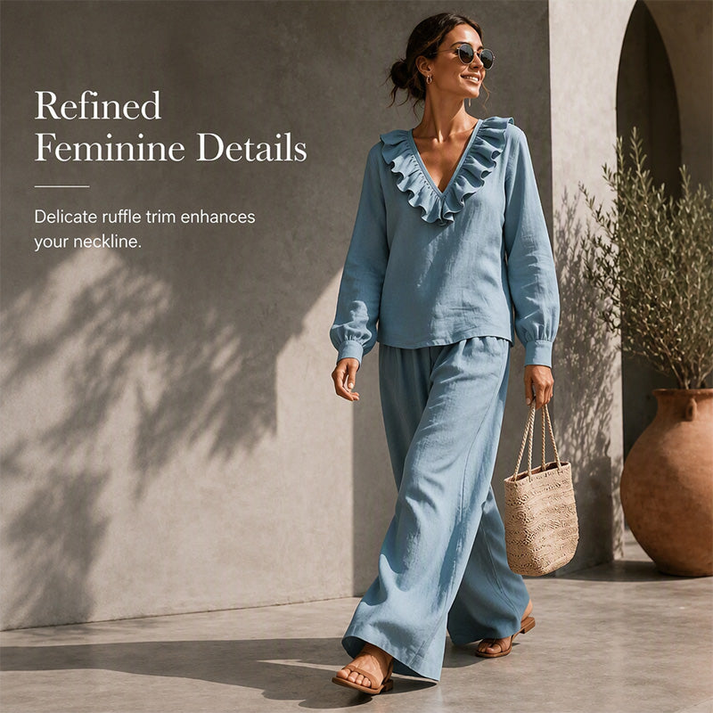 ⌛Limited-Time Discount-Women's Resort Style V-Neck 2-Piece Outfit Loose Long Sleeve Top Wide Leg Pants Set