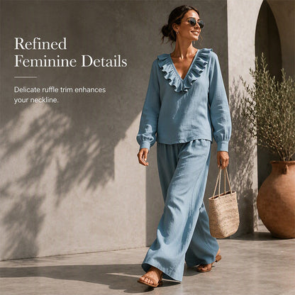 ⌛Limited-Time Discount-Women's Resort Style V-Neck 2-Piece Outfit Loose Long Sleeve Top Wide Leg Pants Set