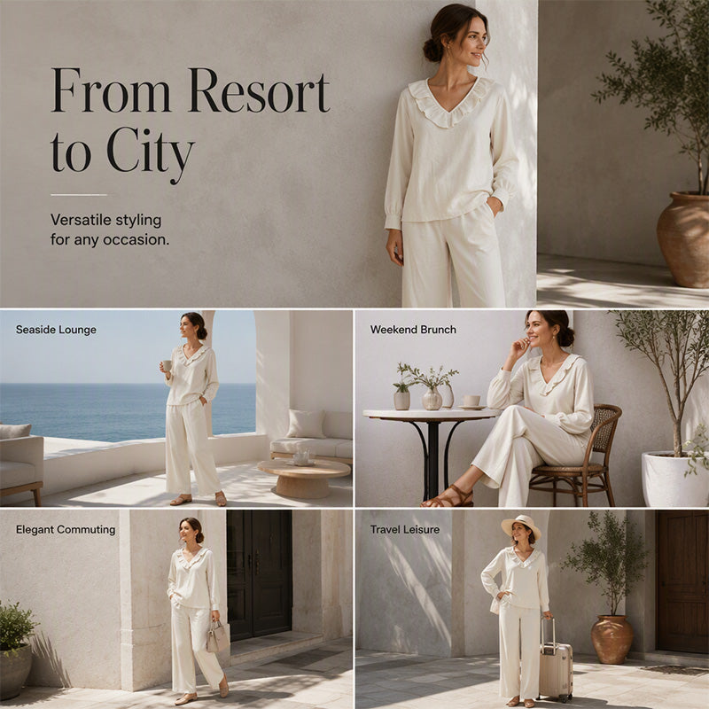 ⌛Limited-Time Discount-Women's Resort Style V-Neck 2-Piece Outfit Loose Long Sleeve Top Wide Leg Pants Set