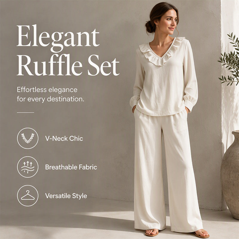 ⌛Limited-Time Discount-Women's Resort Style V-Neck 2-Piece Outfit Loose Long Sleeve Top Wide Leg Pants Set