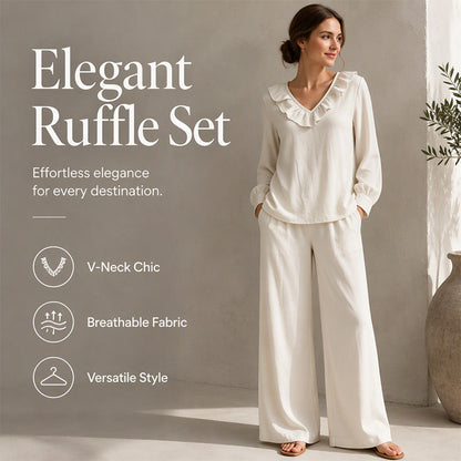 ⌛Limited-Time Discount-Women's Resort Style V-Neck 2-Piece Outfit Loose Long Sleeve Top Wide Leg Pants Set